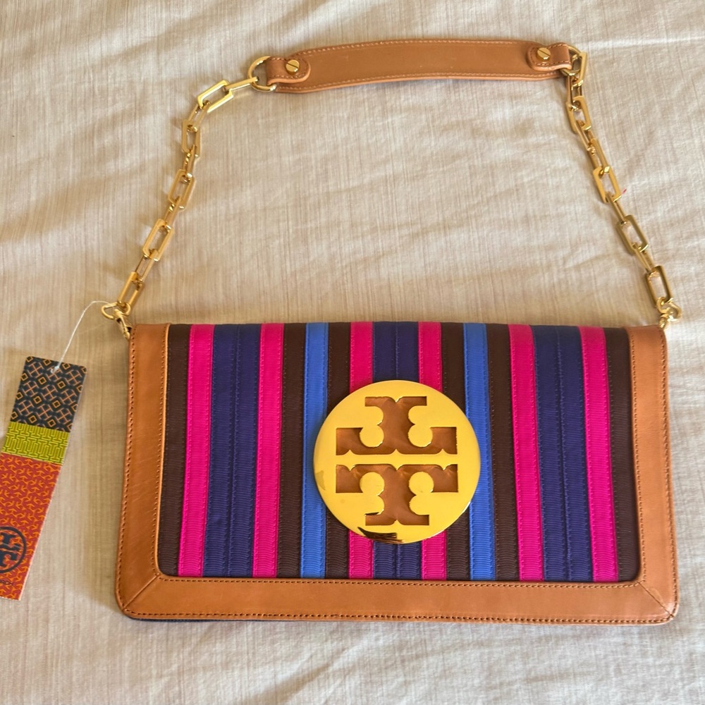 Tory Burch Pink and Blue Striped Shoulder Bag